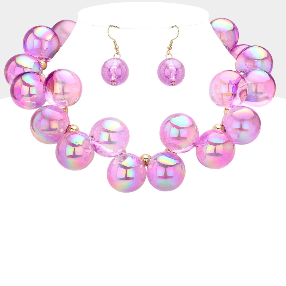 Purple Iridescent Ball Necklace Set Chunky Beaded Fun Statement Jewelry